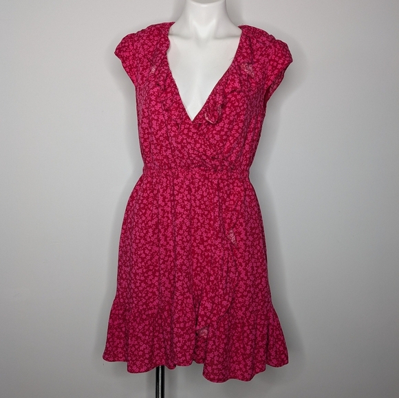 J Crew Red Pink Ditsy Floral Ruffle V Neck Short Sleeve Short Dress 4 - Picture 1 of 9